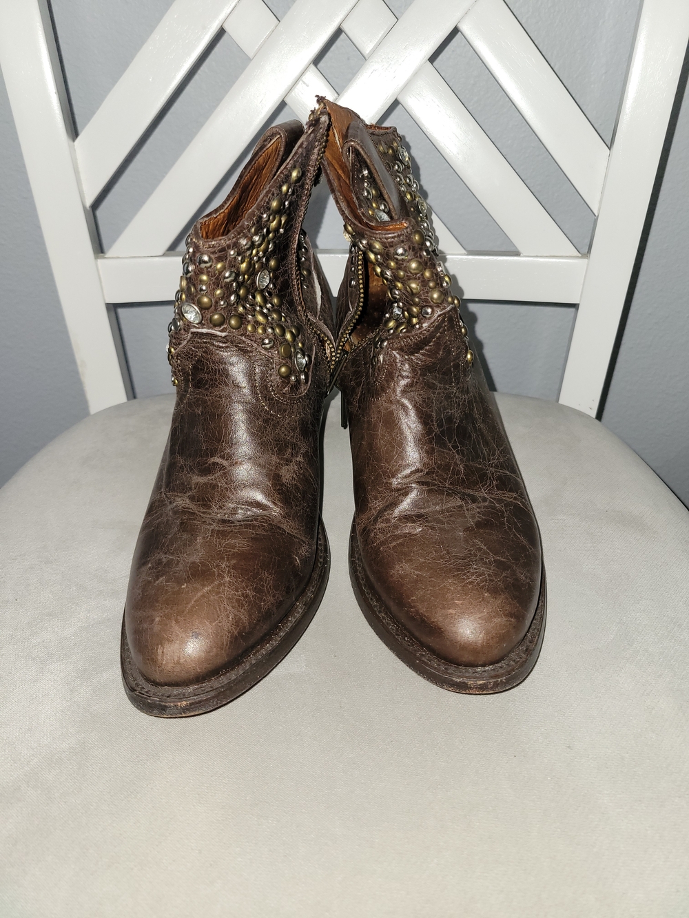 Studded Brown Leather Ankle Heeled Boots